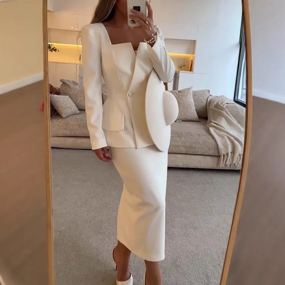 Women's Set Elegant Skirt Two Piece Slim Long Sleeve Suit