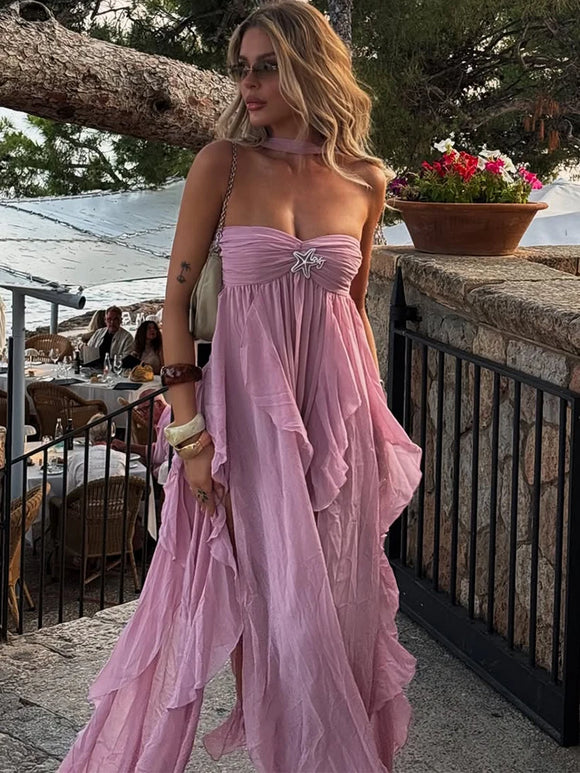 Sexy Maxi Dress Pink Elegant Ruffle Backless Off Shoulder For Women