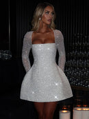 Women's Sexy Mini Dress Sequined Long Sleeve Backless Lace Up A-Line