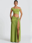 Conjunto de vestido sexy con espalda descubierta cuello inclinado top corto falda con abertura-21