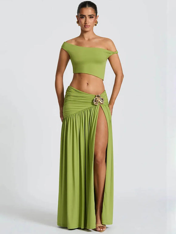 Conjunto de vestido sexy con espalda descubierta cuello inclinado top corto falda con abertura