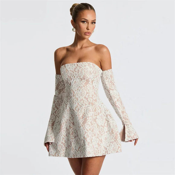 Women's Sexy Mini Dress Lace Off Shoulder Backless Elegant Strapless