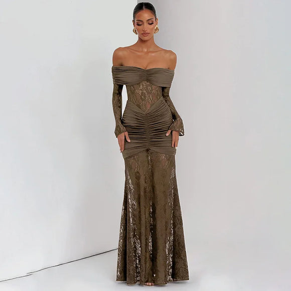 Women's Sexy Maxi Dress Elegant Pleated Lace Patchwork Evening Party