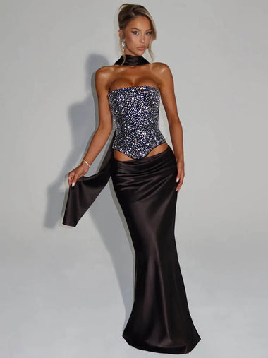 Women's Sexy Dress Sequin Set Crop Top Long Satin Skirt Elegant
