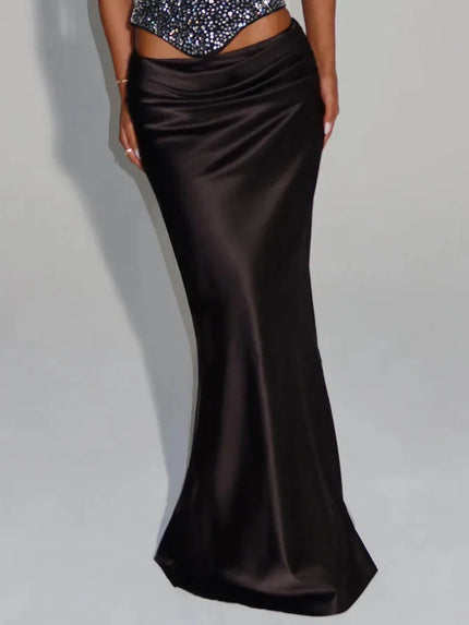 Buy black-skirt Women's Sexy Dress Sequin Set Crop Top Long Satin Skirt Elegant