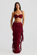 Conjunto sexy dos piezas para mujer top corto de encaje falda larga y elegante-6
