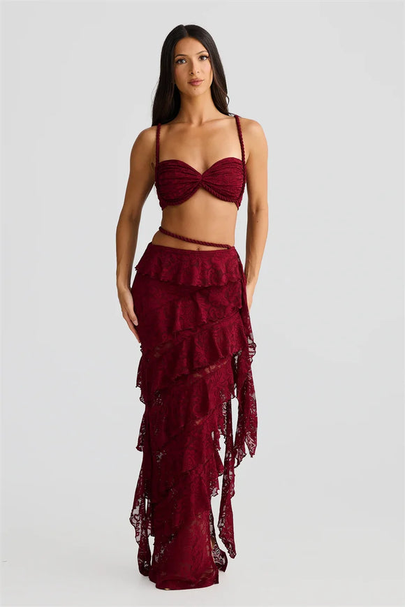 Conjunto sexy dos piezas para mujer top corto de encaje falda larga y elegante