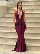 Women's Sexy Maxi Dress Elegant Deep V-Neck Ruched Backless