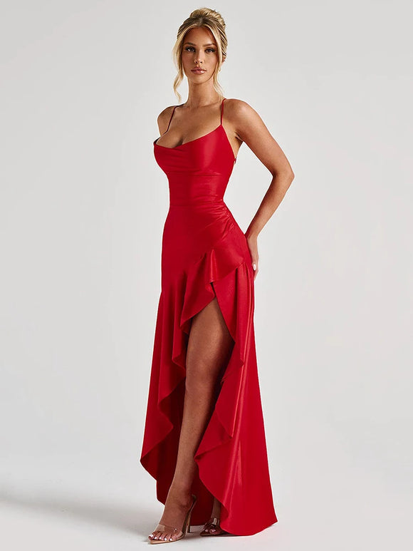 Robe longue élégante et sexy en satin pour femme bretelles spaghetti dos nu fente
