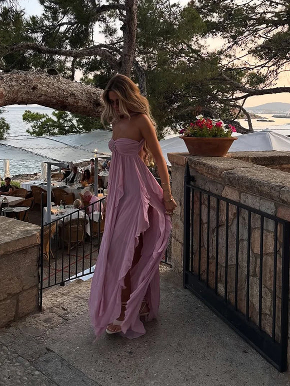 Robe longue sexy rose élégante à volants dos nu épaules dénudées