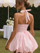 Women's Sexy Mini Dress Pleated Halter Lace Up Backless Puffed Skirt