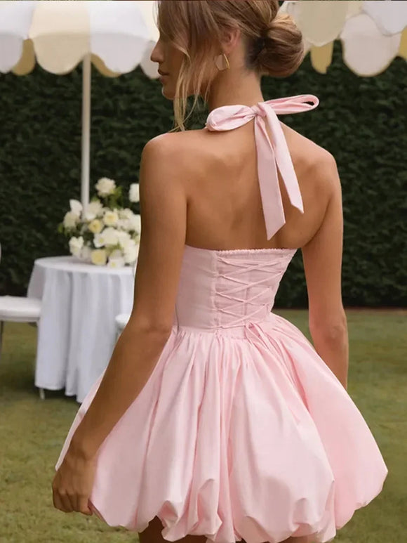 Women's Sexy Mini Dress Pleated Halter Lace Up Backless Puffed Skirt