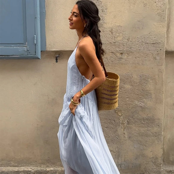 Robe longue sexy pour femme élégante décolleté en V profond froncée dos nu