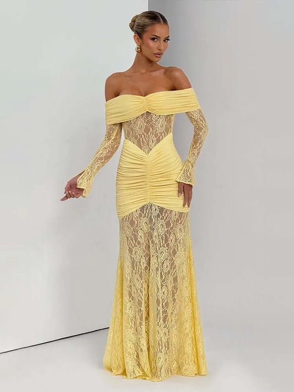 Women's Sexy Maxi Dress Elegant Pleated Lace Patchwork Evening Party