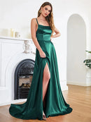 Women's Sexy Long Dress Spaghetti Strap Elegant Satin with Leg Slit
