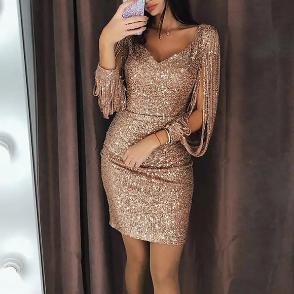 Women's Sexy Mini Dress Silver Sequin V Neck Long Sleeve Slim Fit