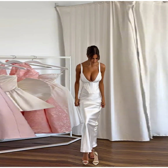 Women's Sexy Long  Dress Satin Elegant Backless Bodycon Fishbone