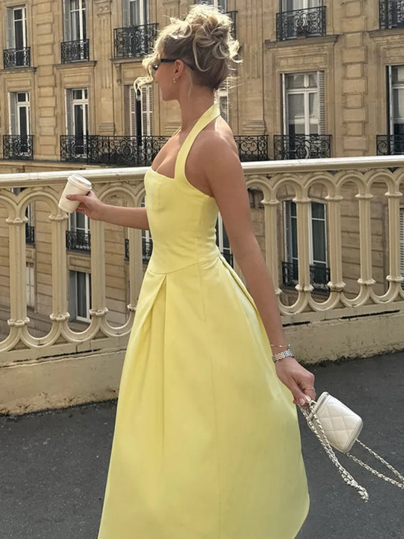 Women's Sexy Midi Dress Halter Backless Solid Sleeveless A-Line