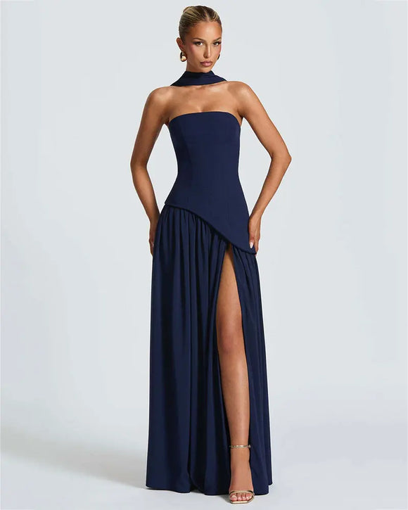 Women's Sexy Maxi Dress Elegant Strapless Backless High Slit Evening Gown