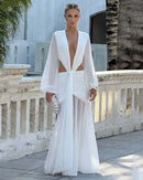 Robe Maxi Élégante Pour Femme Manches Longues Col V Profond Dos Nu.-12