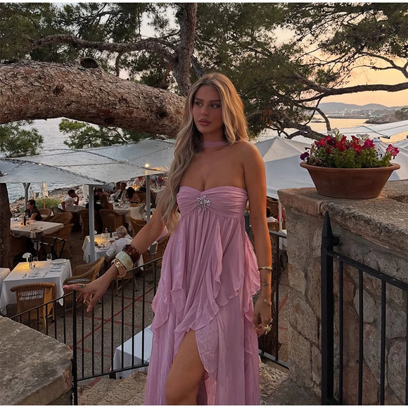 Robe longue sexy rose élégante à volants dos nu épaules dénudées