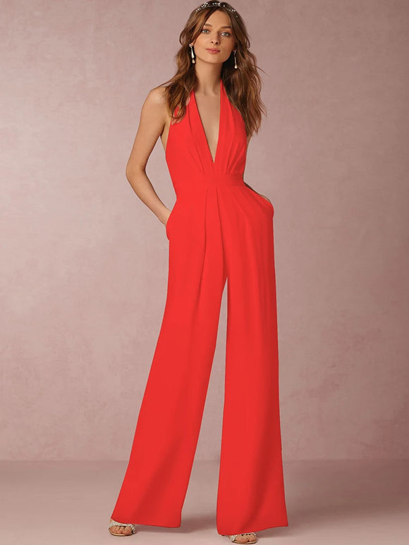 Women's Jumpsuit Elegant Deep V Neck Slim Sleeveless Backless Wide Leg