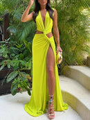 Women's Sexy Dress Deep V Neck Elegant Openwork Slit Sleeveless