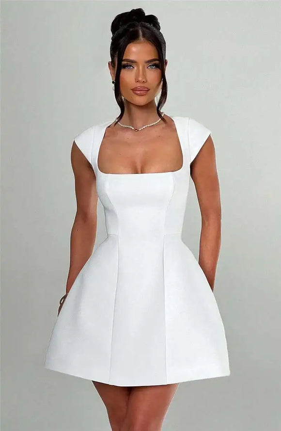 Short Dress Elegant for Women Short Sleeve Square Neck A Line