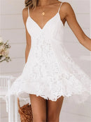 Sexy Dress Bohemian Sleeveless White Elegant Lace A-Line for Women 