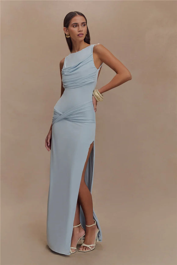 Women's Sexy Long Dress Elegant Ruched Backless Bodycon with High Slit