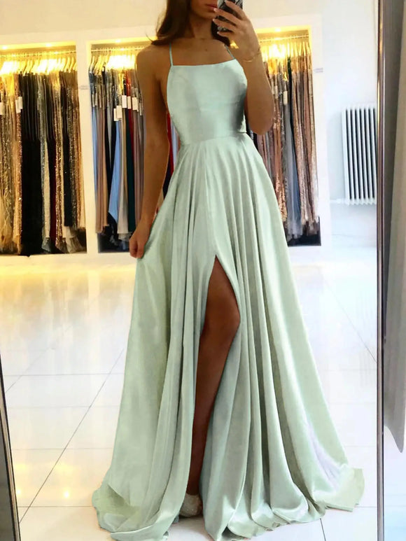 Women's Sexy Long Dress Spaghetti Strap Elegant Satin with Leg Slit