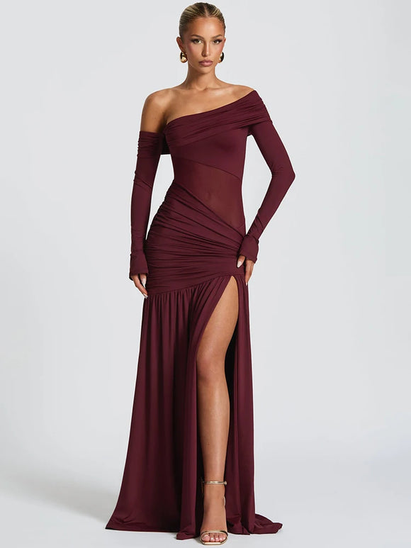 Women's Sexy Long Dress Off Shoulder Backless High Slit Skew Collar