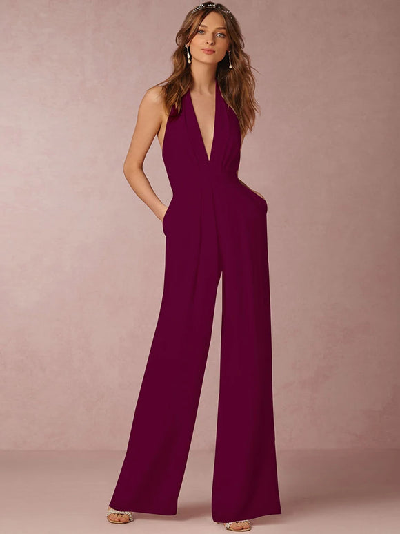 Women's Jumpsuit Elegant Deep V Neck Slim Sleeveless Backless Wide Leg