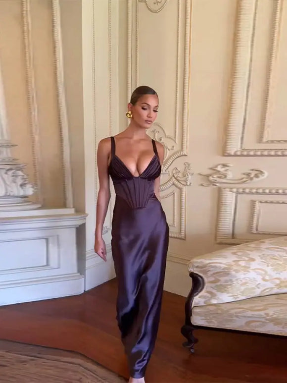 Women's Sexy Long  Dress Satin Elegant Backless Bodycon Fishbone