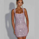 Women's Sexy Mini Dress Sequin Straps Backless Elegant Solid Color