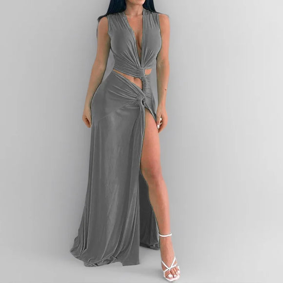 Women's Sexy Dress Deep V Neck Elegant Openwork Slit Sleeveless