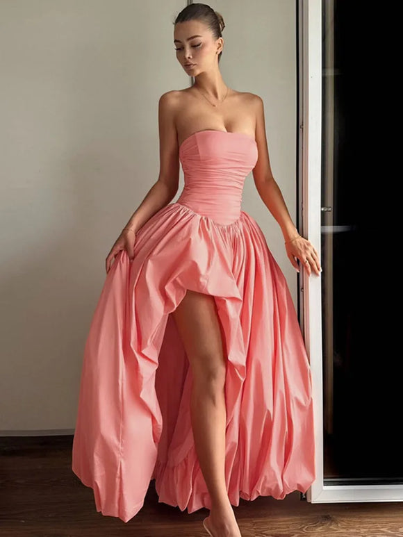 Women's Sexy Maxi Dress Corset Puffy Elegant Pleated Slit Party Dress