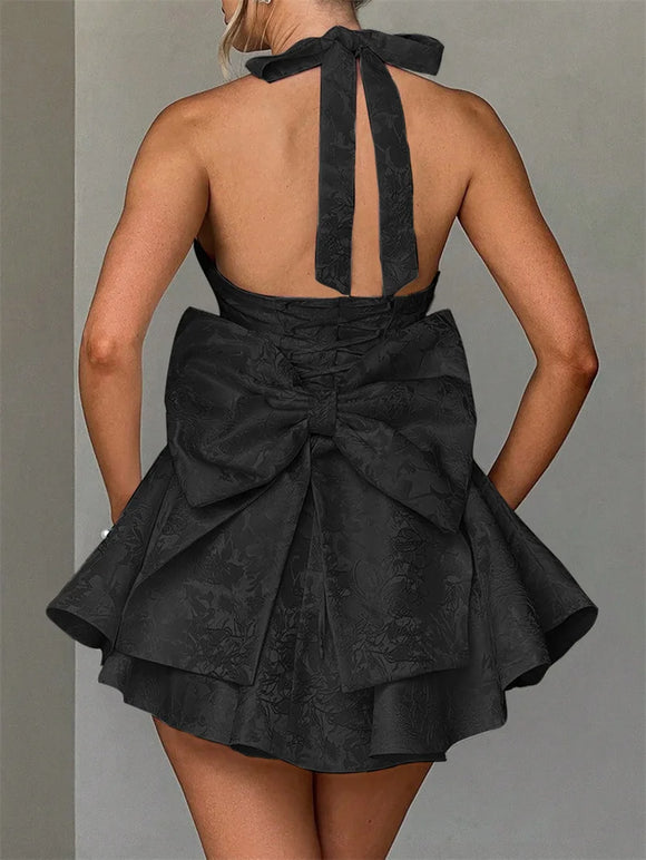 Women's Sexy Mini Dress Sleeveless Halter Lace Up Backless Big Bow