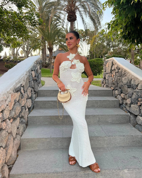 Elegante vestido largo floral con cuello halter sexy calado sin mangas