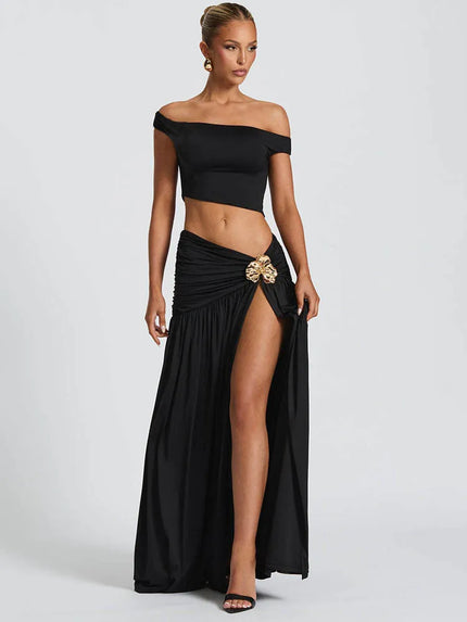 Buy black Women's Sexy Dress Set Backless Slanted Neck Crop Top and Slit Skirt