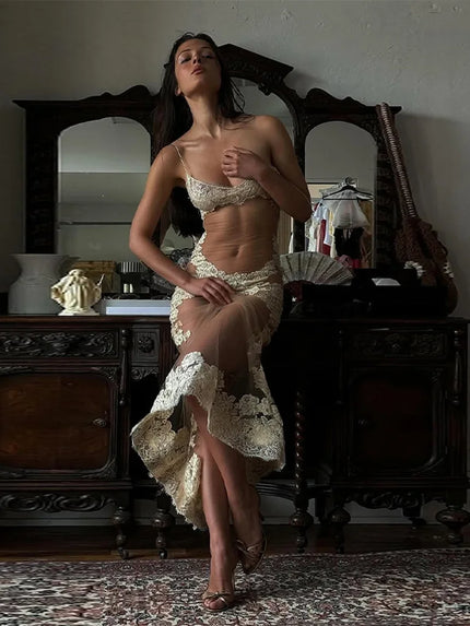 Women’s Sexy Dress Elegant Mesh Floral Embroidered Sheer Spaghetti Straps