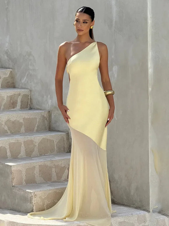 Women's Sexy Maxi Dress Elegant One-Shoulder Backless Sleeveless