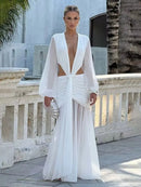 Women's Sexy Maxi Dress Elegant Pleated Lace Patchwork Evening Party