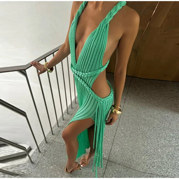 Women's Sexy Long Knit Dress Sleeveless Backless Elegant Side Slit