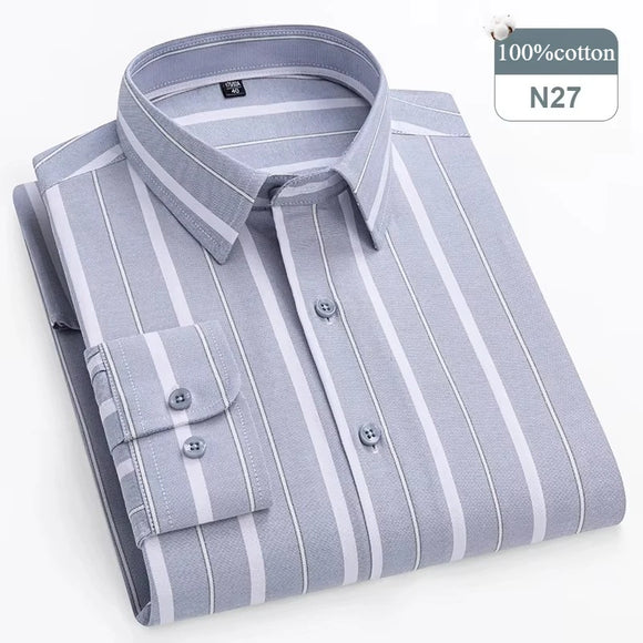 Men's Shirt 100% Cotton Elegant Formal Striped Slim Fit Long Sleeve