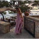 Robe longue sexy rose élégante à volants dos nu épaules dénudées-12