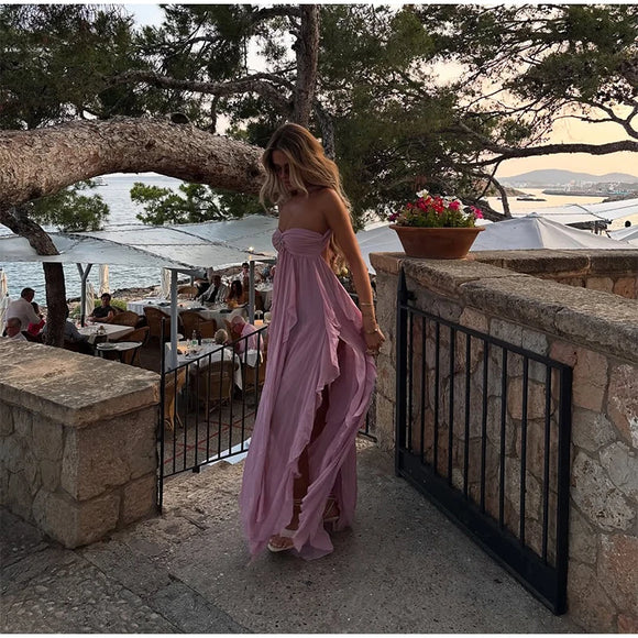 Robe longue sexy rose élégante à volants dos nu épaules dénudées