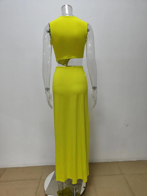 Robe sexy décolleté en V profond élégante ajourée fendue sans manches