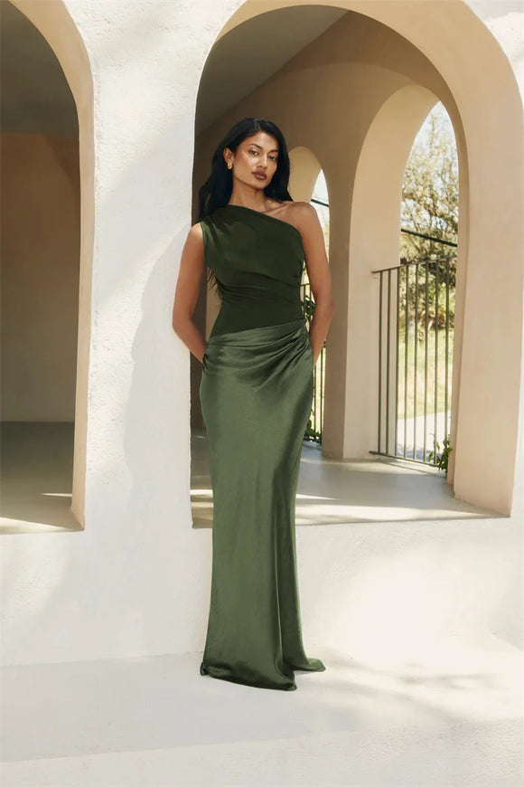 Women's Sexy Maxi Dress Elegant Satin One Shoulder Backless Bodycon