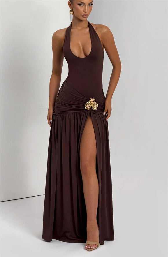 Conjunto de vestido largo sexy elegante sin espalda cuello halter falda larga con abertura